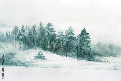 Winter hill with foggy forest, green landscape, watercolor background