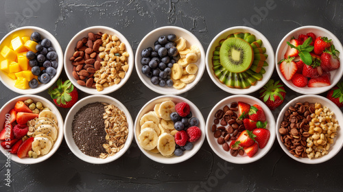 An assortment of nutritious cereal options paired with vibrant, freshly chopped fruits presented in white bowls