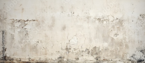 A detailed shot of a buildings white wall covered in black mold, creating a stark monochrome contrast in the city landscape