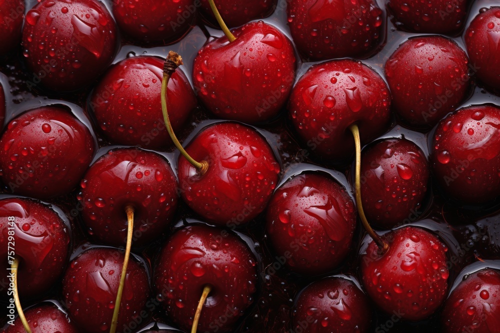 Ripe cherries covered in water drops, fresh fruit background, organic healthy food concept. Top view Ripe cherries covered in water drops, fresh fruit background, organic healthy food concept. Top view