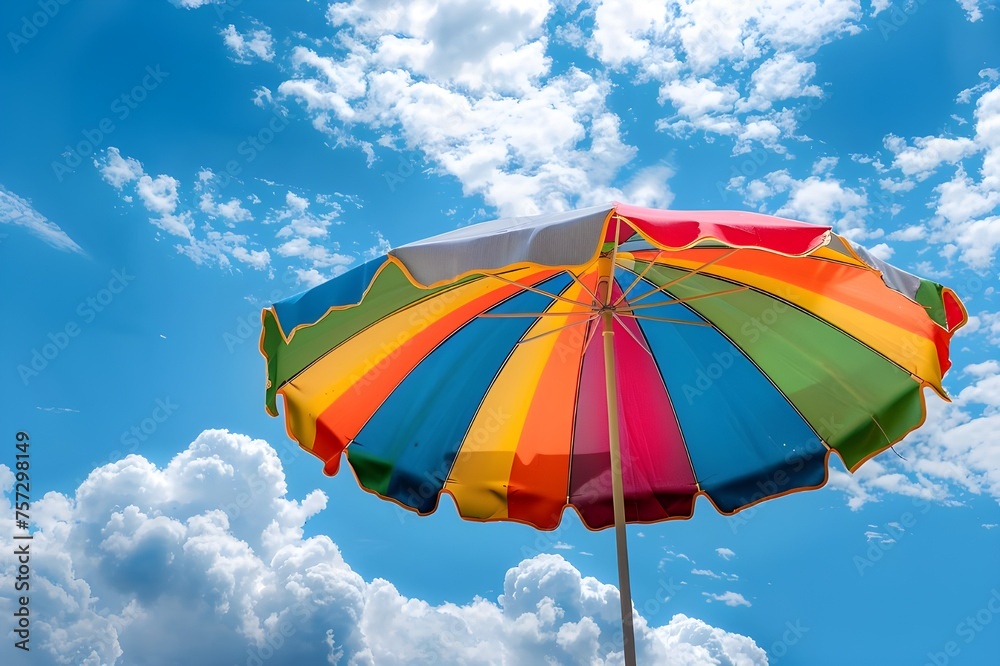 Brightly colored beach umbrellas contrast with the blue sky and natural light. Bright colors, airy, summer sunshine, relaxing places. Generative AI