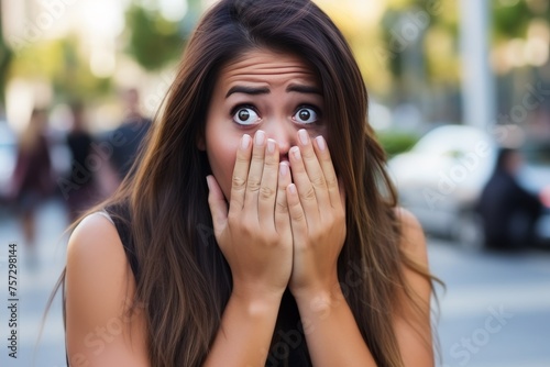 Shocked young woman with hands covering mouth in surprise against backdrop of city street