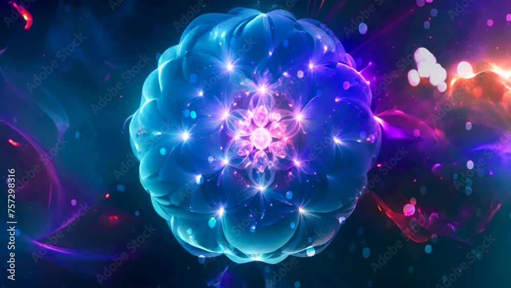 Blue and pink flower mandala with star center, sacred geometry symbol in cosmic background, psychedelic trance art to open third eye with visuals energy chakra, vibrant neon colors