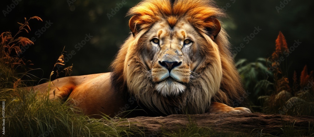 A Felidae carnivore, such as a Siberian tiger, is resting on a rock in the woods. Its whiskers twitch as it watches a fawn graze by the water, its fur blending in with the grass A Felidae carnivore, such as a Siberian tiger, is resting on a rock in the woods. Its whiskers twitch as it watches a fawn graze by the water, its fur blending in with the grass