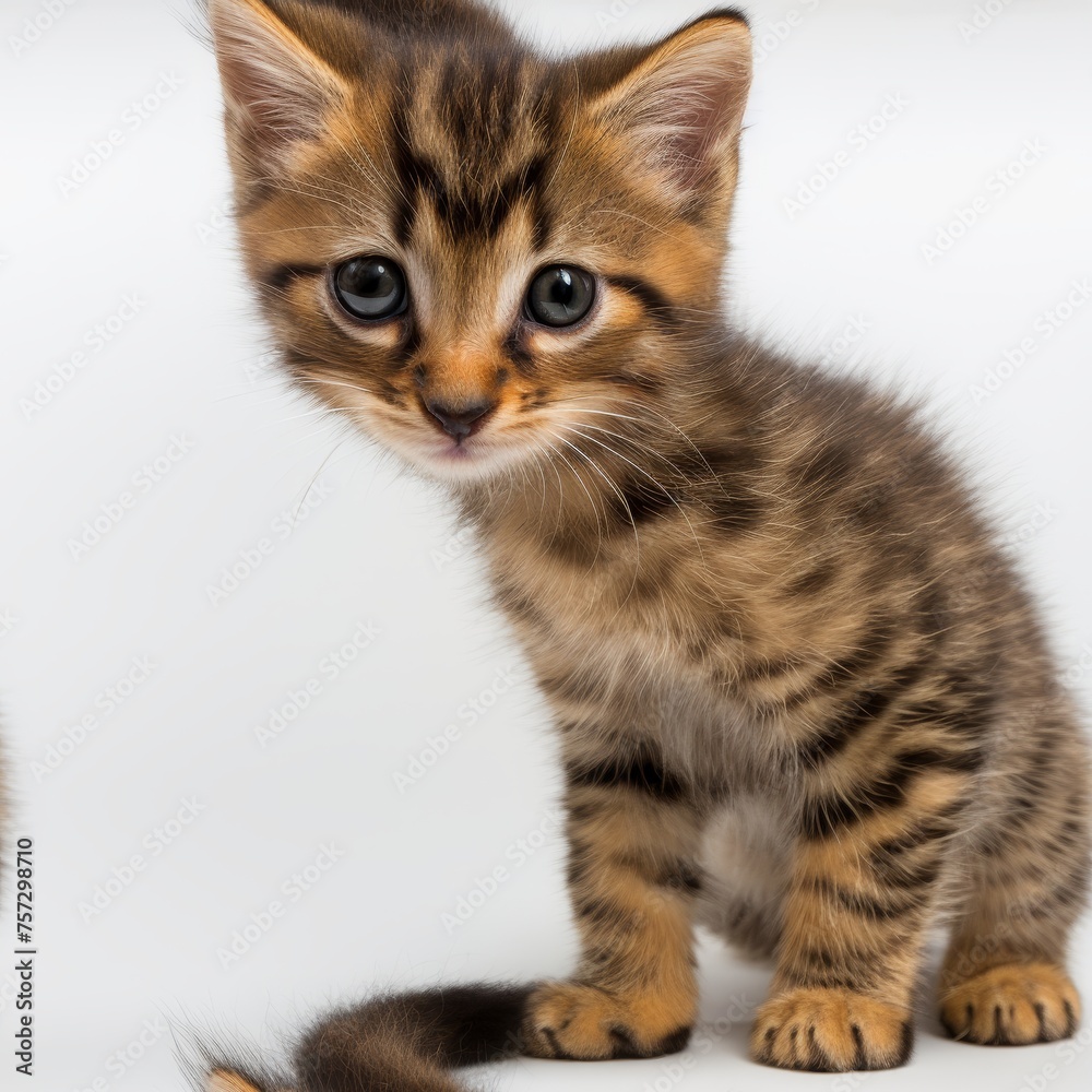 Close up shot of adorable kitten sitting playfully against pristine white background Close up shot of adorable kitten sitting playfully against pristine white background