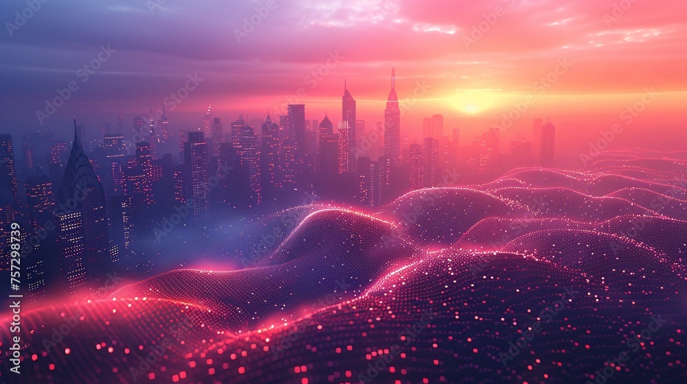 cinematic photography of city with sound colored waves in the technology future.