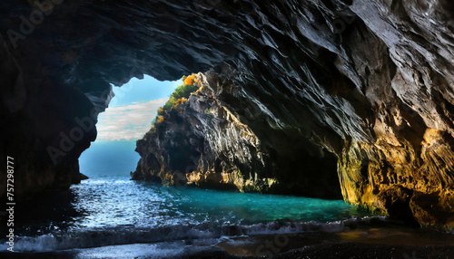 Beautiful seascape with blue sea and big wave in the cave 