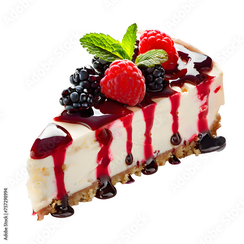 Piece of cheesecake with berries and mint isolated on transparent background