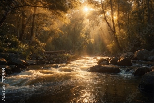 Enchanted Golden Glow: River in the Forest Under the Sparkling Sky