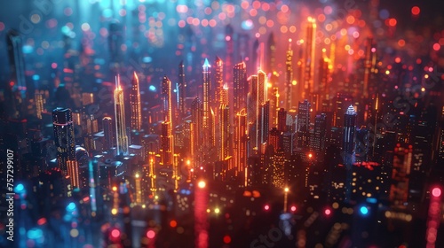 cinematic photography of city with sound colored waves in the technology future. photo