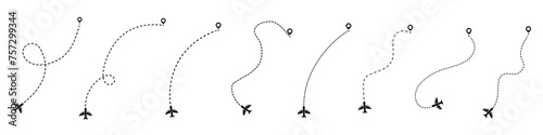 Airplane dotted route line the way airplane. Flying with a dashed line from the starting point and along the path - stock vector. photo