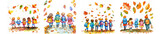 watercolor illustration clipart of a group of adorable kids with colorful backpacks walking together on a path lined with vibrant autumn leaves.