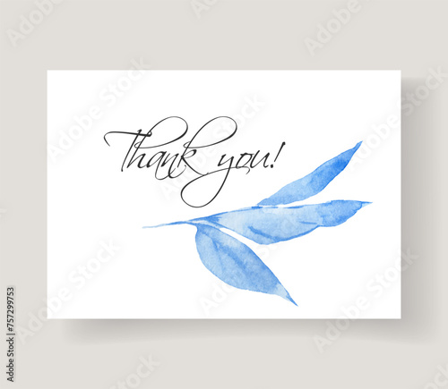 Thank you card template with Watercolor blue leaves.