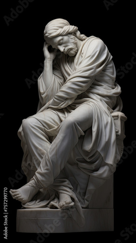  A marble statue of sleeping man isolated on black background