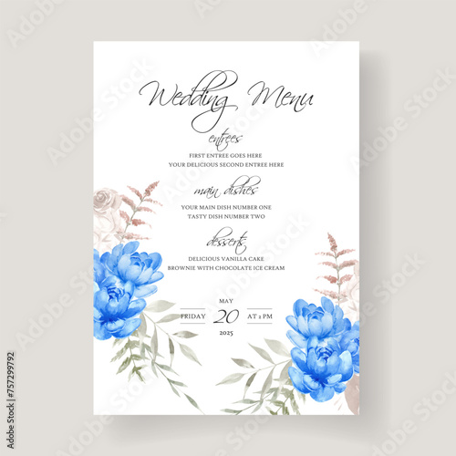 Wedding menu template with a Watercolor blue peonies.