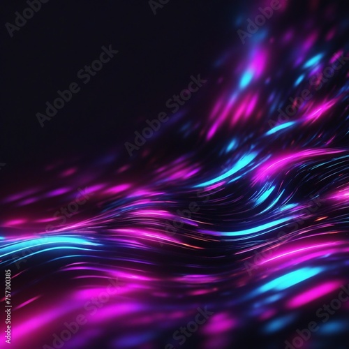 Colorful neon abstract background with blurred glowing lines and sparkling waves in the dark