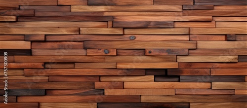 A detailed closeup of a brown hardwood wall made of rectangular wooden blocks, showcasing the intricate pattern of the building material