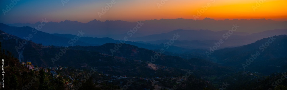 Twilight Serenity Over Dhulikhel, Nepal: Panoramic Mountain Vista at Dusk