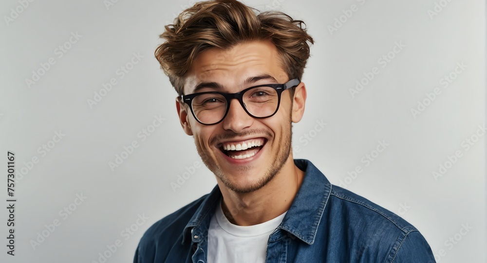 Portrait of attractive handsome nerdy guy optimistic happy laughing on plain bright black background from Generative AI - obrazy, fototapety, plakaty 