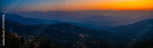 Twilight Serenity Over Dhulikhel, Nepal: Panoramic Mountain Vista at Dusk
