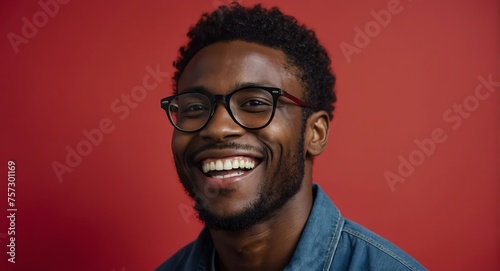 Portrait of attractive handsome nerdy black african guy optimistic happy laughing on plain bright black background from Generative AI