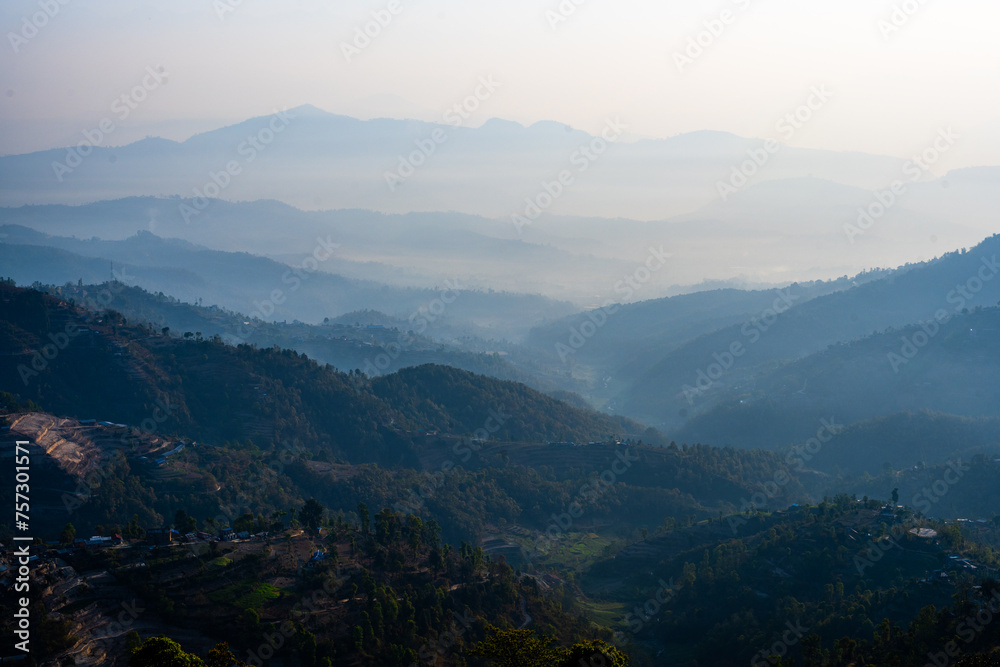 Morning Haze Over Terraced Hills in Dhulikhel, Nepal
