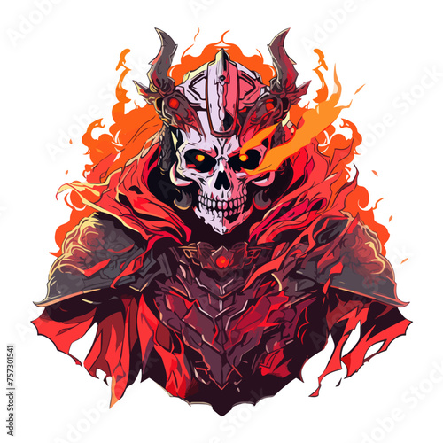 Fire burning skull warrior head character design. Ghost army, horror, mystical vector illustration. To print t-shirts, stickers, clip art, mascots. Isolated on white background.