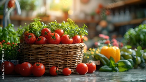 Fresh organic vegetables on a rustic table. vibrant tomatoes in a wicker basket. healthy eating and farm produce concept. perfect for culinary backgrounds. AI