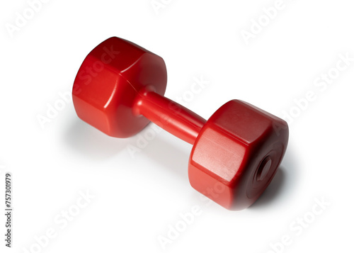 Red Plastic Dumbbell, Isolated On White Surface