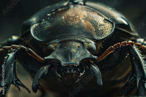 extreme closeup of a large armored beetle