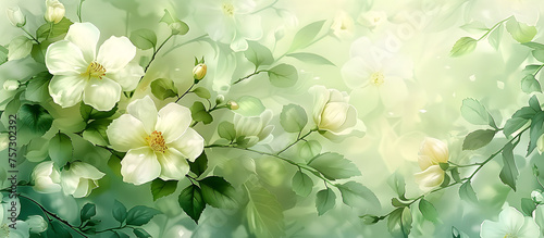 White flowers and green leaves on green background © Nadtochiy