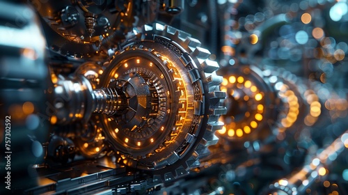 Intricate Gears and Glowing Circuits of a Futuristic Machine: The Heart of Technology Pulsing with Energy © Sippung