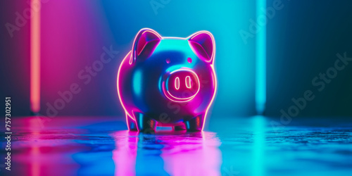 Piggy bank bathed in a neon glow on a blue background, symbolizing savings and finance