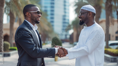 Black African men dressed in formal attire, one wearing a dark suit and the other a navy blue suit exchanging pleasantries before their business dear 