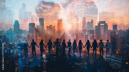 Celebrate community and togetherness in the cityscape, where diverse groups form alliances, promoting inclusion, trust, and mutual empowerment through cohesive teamwork.