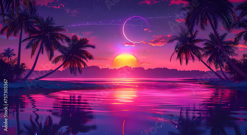Neon vaporwave sunset with palm trees © Sticker Me