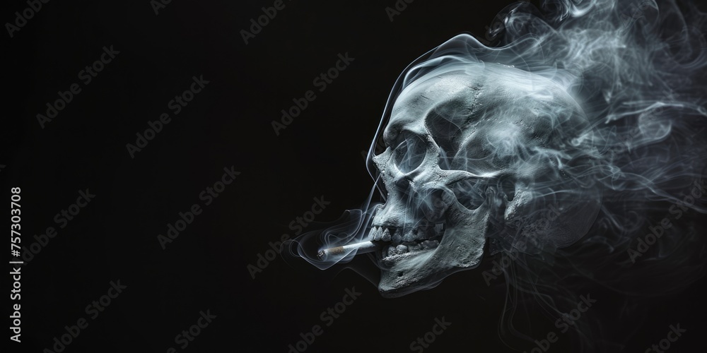 Human skull is smoking on dark background, no smoking concept Human skull is smoking on dark background, no smoking concept