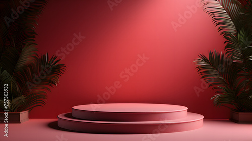 An image capturing an elegant podium in a deep red setting, complemented by the lush green foliage, creating a balance between manmade and natural, product presentations	