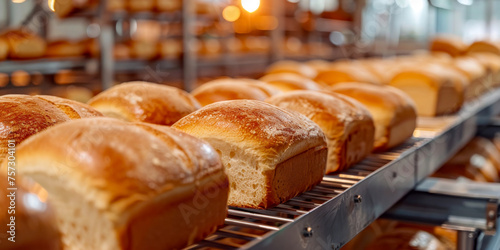 Rows of freshly baked bread loaves cooling on an industrial production line