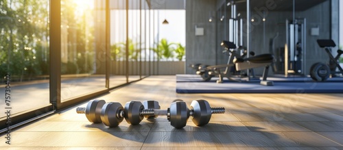 portrait of a barbell on the floor with a fitness room in the background