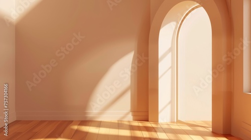 Interior of empty room with arch entrance. Modern 3D living room  office  or gallery with wooden floor  shadows  and sun light from windows.