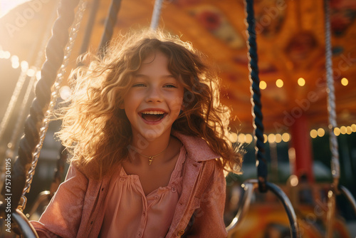 AI generated photo of happy young child riding on a colorful carousel amusement park © Tetiana