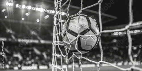 Classic black and white soccer ball caught in the net, a monochr photo