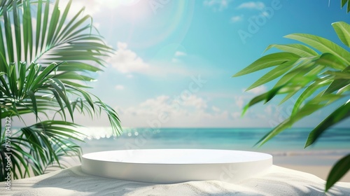 Summer mockup. A white empty podium for cosmetics  product demonstration stands on the sand against the backdrop of sea. Sunlight and leaves of tropical plants. 3d illustration