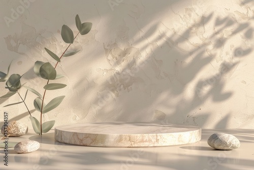 Light marble podium for the presentation of cosmetics and eucalyptus branches on beige background, 3D illustration. Minimalistic mockup for advertising your product, design
