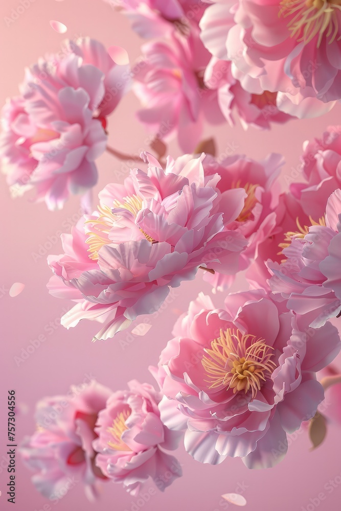 Floral spring background. Pink peonies flowers fly on pink background. Beautiful delicate floral mockup, 3D illustration. Beauty concept, holiday card