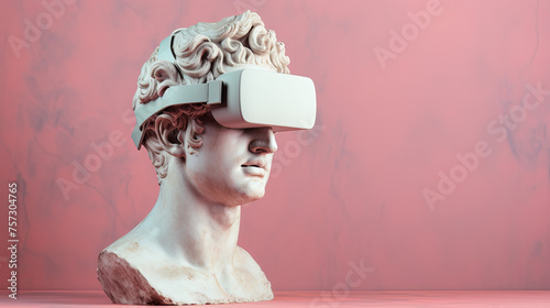  A marble statue of man with VR headset isolated on pastel background photo