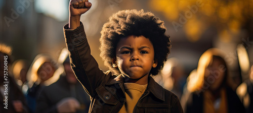Black kid with fist raised in a protest ©  Mohammad Xte