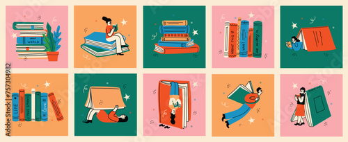 Book concepts set. Happy readers reading books and flying, laying , sitting everywhere. Flat trendy retro vector illustrations isolated on white background