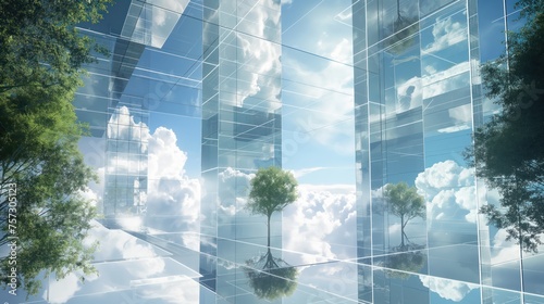 Glass geometric shapes, trees and cloudy sky hi-tech background. Generative AI